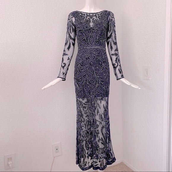 Embroidery beaded Embellished Navy evening dress - Picture 2 of 8